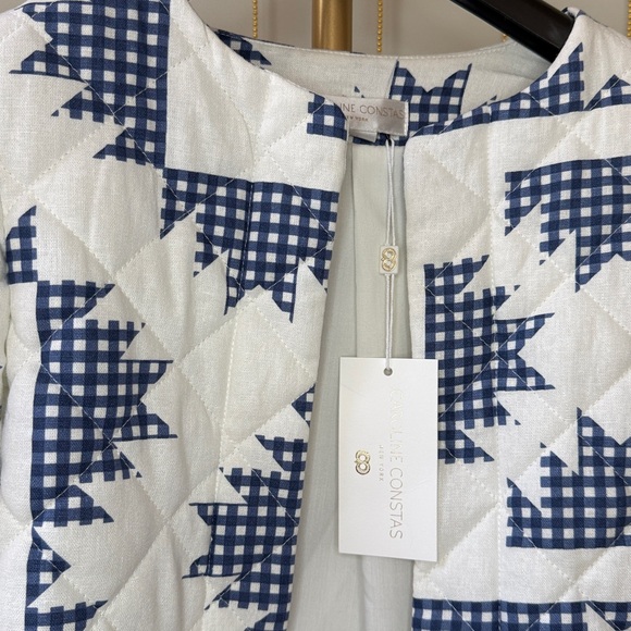 NWT CAROLINE CONSTAS White/Blue Quilted Jacket Linen Blend Puffy Shoulder $395 - Picture 2 of 8